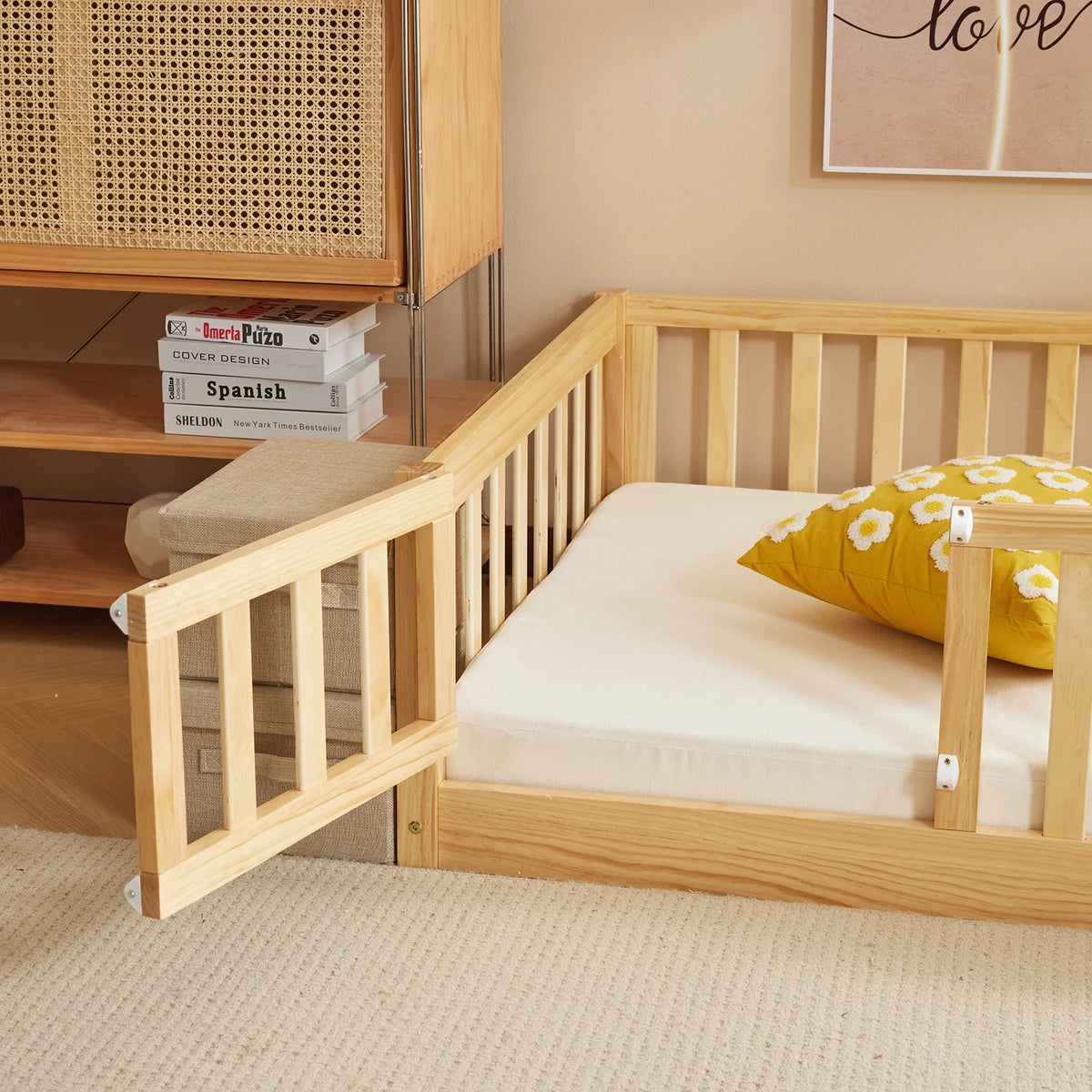 Zimtown Montessori Floor Bed Frame, Full Size Kids Toddler Bed with Fence and Door, Wooden Platform Bed, White