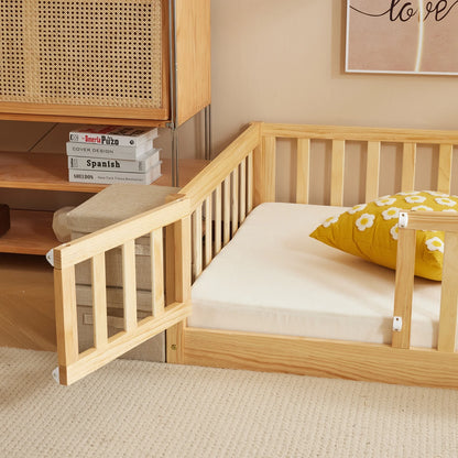 Zimtown Montessori Floor Bed Frame, Full Size Kids Toddler Bed with Fence and Door, Wooden Platform Bed, White