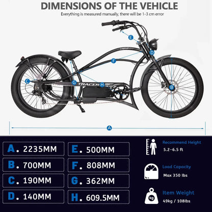 Tracer Legend GT7 Cruiser Chopper E-bike, 1000W Motor, 7 Speed, Disc Brake, for Men, Matte Black