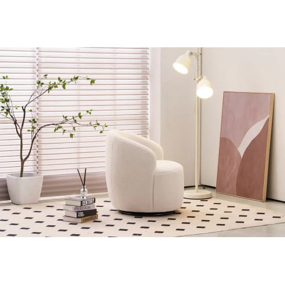 Swivel Chair, Round Accent Sofa Chair, Teddy Fabric Swivel Accent Armchair, Modern Leisure Arm Chair for Living Room, Hotel, Bedroom, Office, Ivory