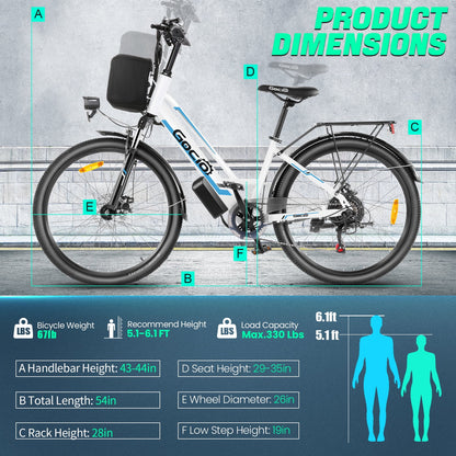 Gocio 26" Electric Bike for Adults, 500W Electric Cruiser Bike, 48V/7.8Ah Removable Battery, 7 Speed, City Commuting E-bike, UL2849