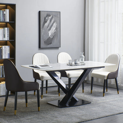 Leavader 63" White Stone Dining Table Set with Black Carbon Steel Base with 6 Dining Chairs