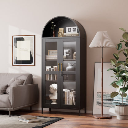 SUPEER Metal Arched Storage Display Cabinet with Glass Doors and Adjustable Shelves, Lockable Cabinet, Assembly Required, Black