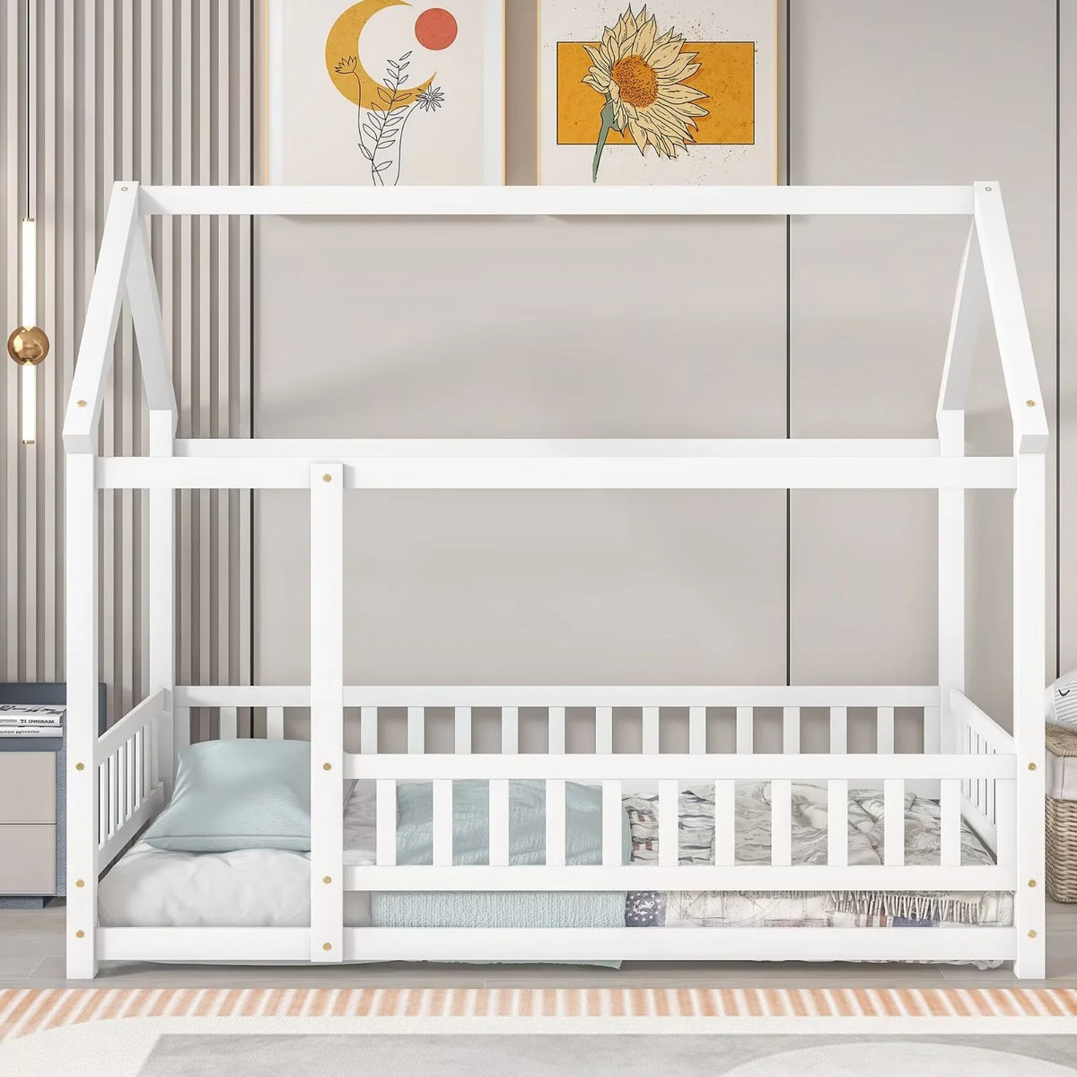 Twin Size House Bed for Boys and Girl, Wooden Canopy Bed Tent Bed, Playhouse Design Bed Frame with Full-lenth Guardrail, Bedroom Furniture, 79.5��L x 44.8��W x 66.2��H, White