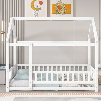 Twin Size House Bed for Boys and Girl, Wooden Canopy Bed Tent Bed, Playhouse Design Bed Frame with Full-lenth Guardrail, Bedroom Furniture, 79.5��L x 44.8��W x 66.2��H, White