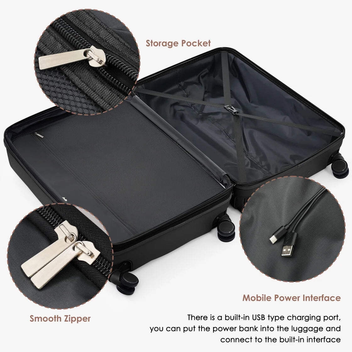 3 Piece Luggage Set , 20/24/28 inches Suitcase Set , ABS Hardshell Expandable Luggage Sets with TSA Lock,20-inch with USB Port, Carry On Luggage for Men Women, Pink