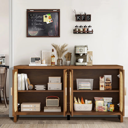 Modern Rattan Sideboard Buffet Cabinet, Kitchen Storage Cabinet, Living Room TV Stand for TVs up to 65", Entertainment Center with Adjustable Shelf, for Dining Living Room Hallway, White