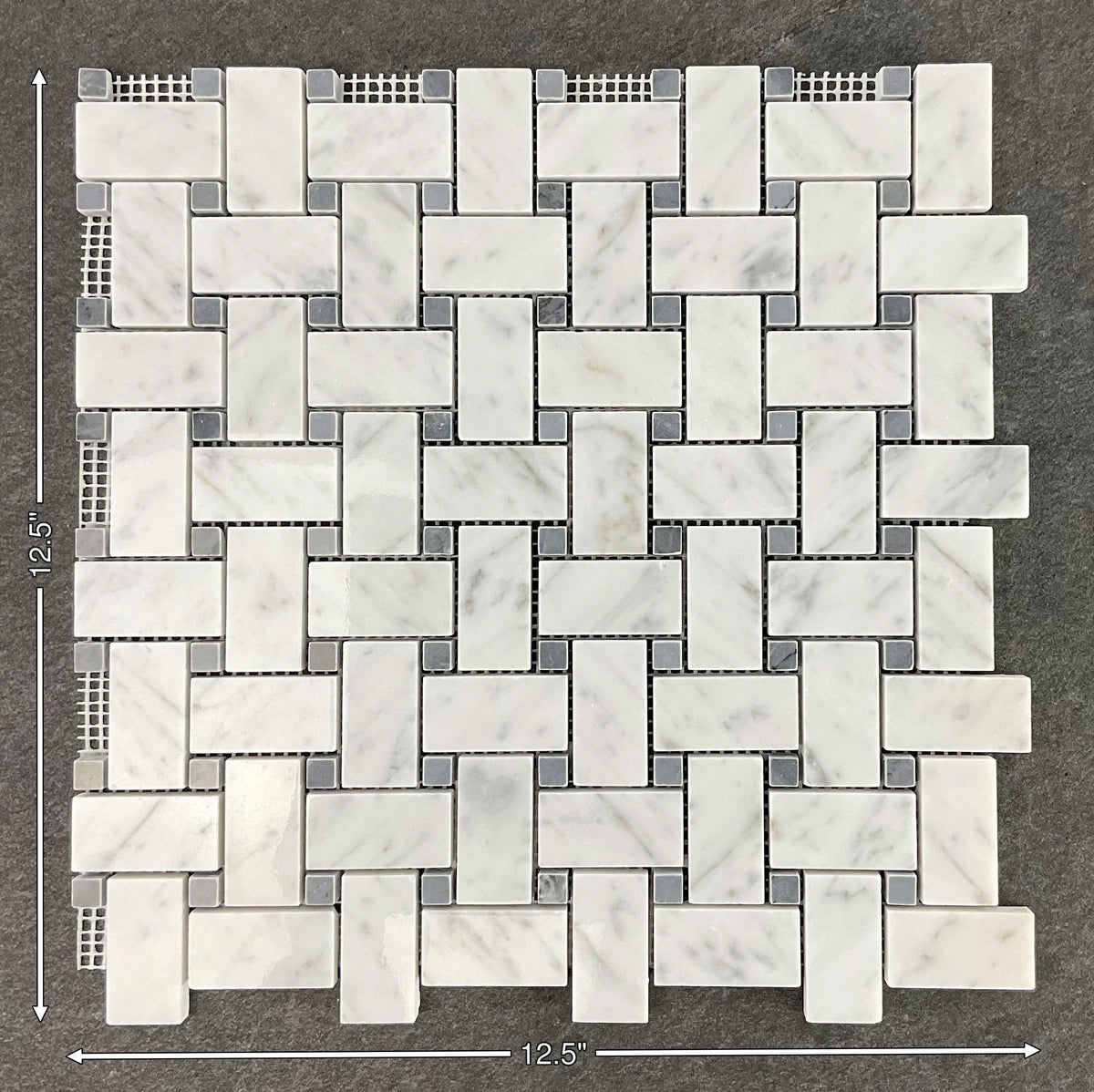 10 Sheets of 1" x 2" White Cararra and Gray Dot Basketweave Marble Mosaic Wall & Floor Tile