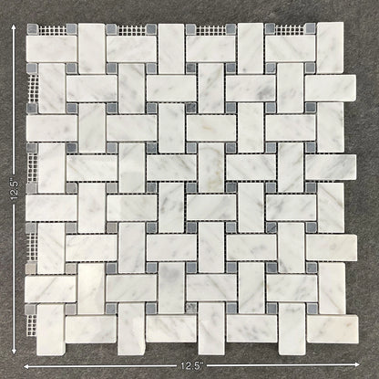 10 Sheets of 1" x 2" White Cararra and Gray Dot Basketweave Marble Mosaic Wall & Floor Tile