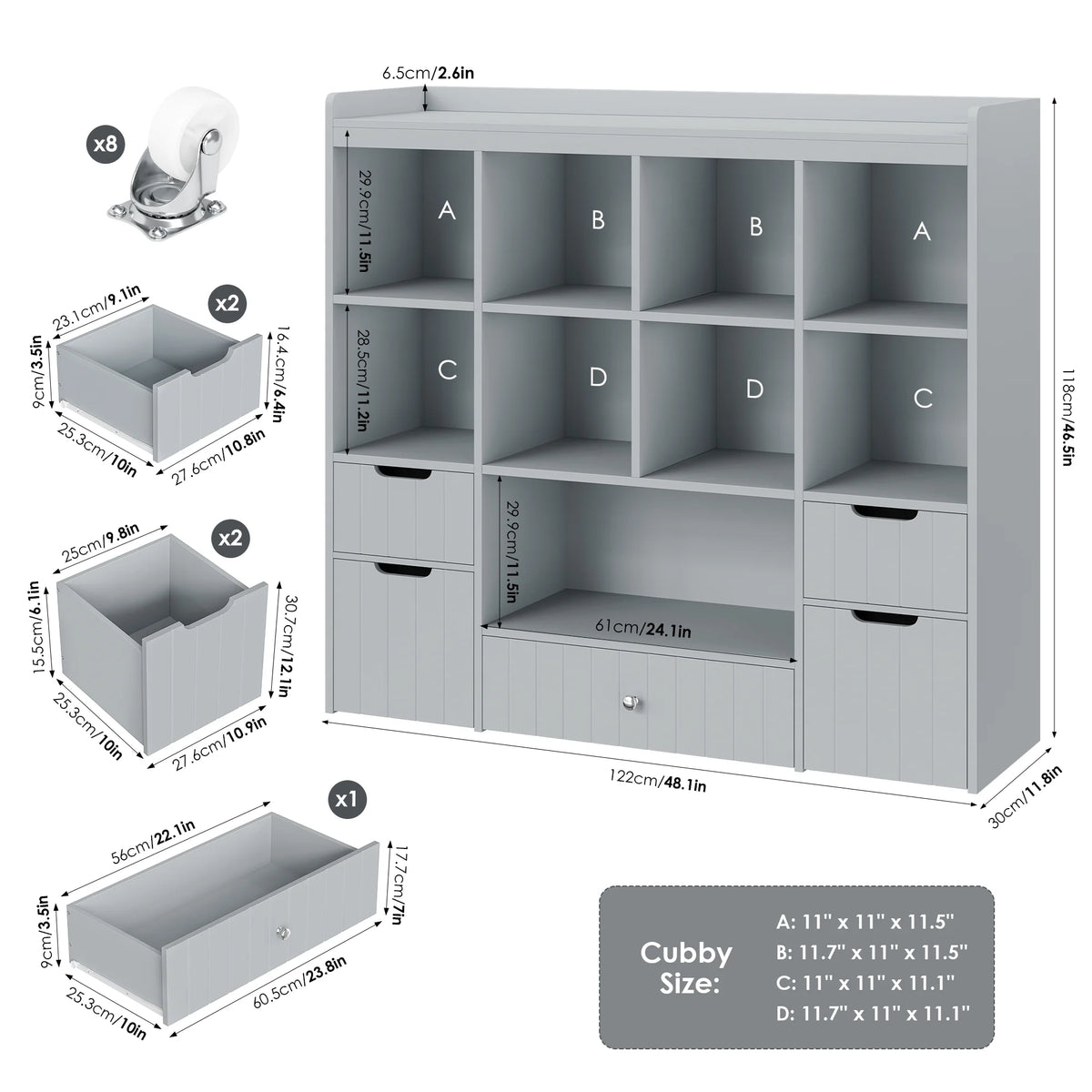 Homfa Kids Toy Storage Organizer with Cubby, Kids Toy Storage Chest with Removable Drawers, Kids Bookcase for Playroom Bedroom Living Room, Gray