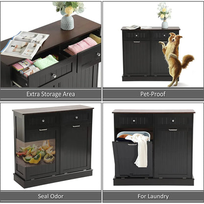KIGOTY Dual Kitchen Trash Cabinet, Double Tilt Out Trash Can Cabinet with Countertop and Drawer, Free-Standing Pet Proof Recycling Cabinet Garbage Can Holder, Wood (White)