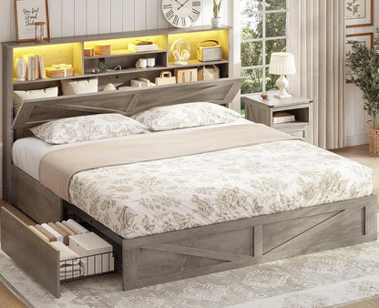 Twin Bed Frame with 4 Storage Drawers and Charging Station, Farmhouse Wooden Led Twin Bed with Storage Hidden Space Headboard and Metal Slats, Gray