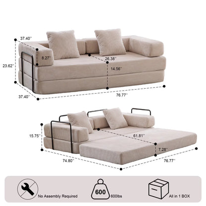 Taicans ?Convertible Floor Sofa Bed - 3 Seats Foldable Corduroy Futon Couch w/Pillow Support,Space-Saving Guest Bed for Living Room,Dorm,No Assembly Compressible Foam Mattress (Gray,76.7Inch L)