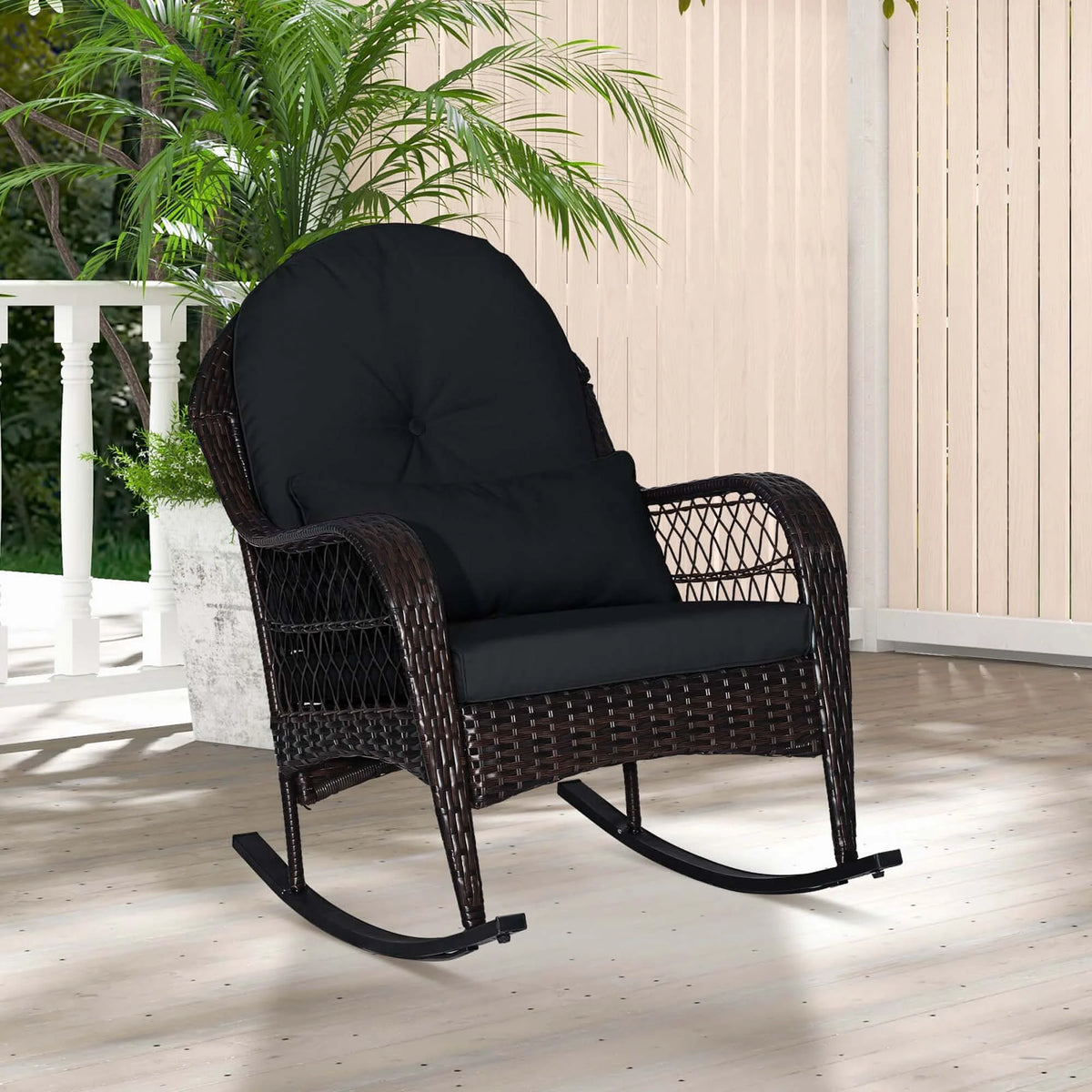 Costway Patio Wicker Rocking Chair W/Seat Back Cushions & Lumbar Pillow Porch Off White