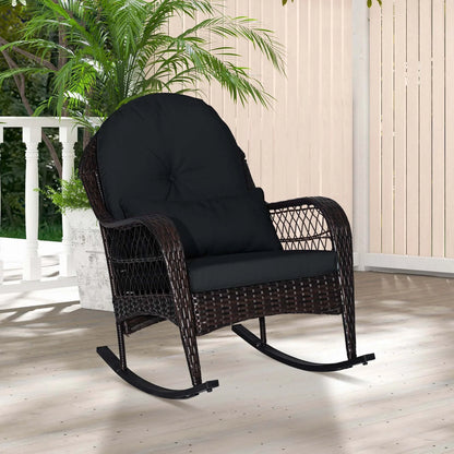 Costway Patio Wicker Rocking Chair W/Seat Back Cushions & Lumbar Pillow Porch Off White