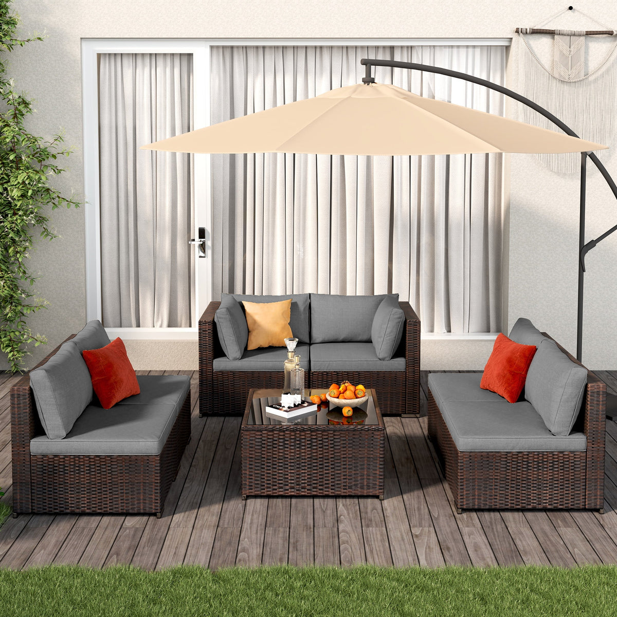 Patio Furniture Set on Sale, Lofka 7-Piece Outdoor Sectional Furniture Set with Glass Coffee Table Garden, Gray