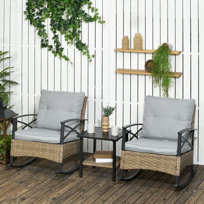 Outsunny 3pc Rocking Chair Set w/ Cushions, Wicker Bistro Set, Blue