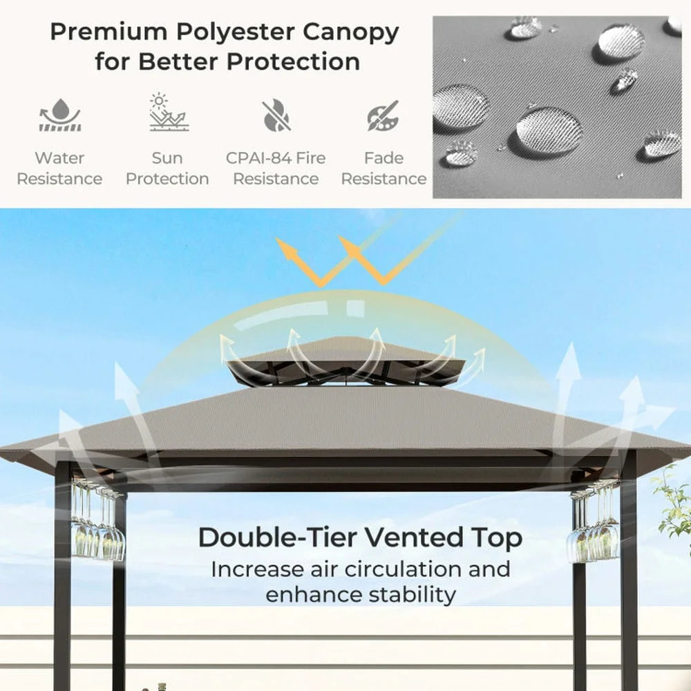 Aimee Lii 3-Piece Patio Bar Set Grill Patio Canopy & 2 Bar Stools with Tempered Glass Bar Table, Modern Patio Furniture for Outdoor Backyard Pool Deck-Brown