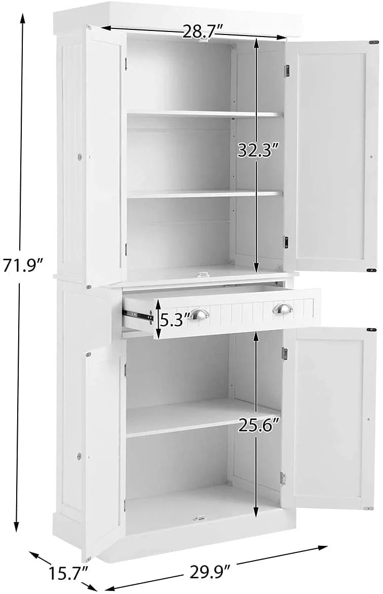 Yoleny Kitchen Pantry, 72” Freestanding Storage Cabinets with Doors and Shelves, Elegant Colonial Design Cabinet Cupboard, White