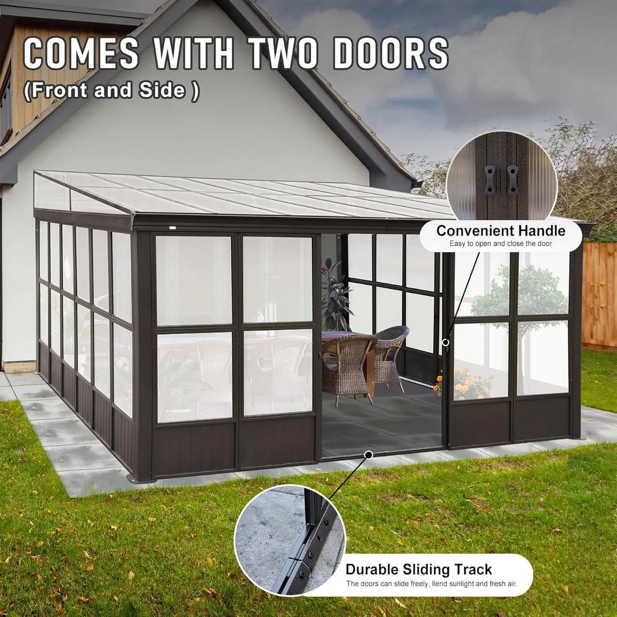 TOTAL Outdoor 10'x12' All-Season Sunroom Gazebo with Steel Roof, PVC Screen, Front & Side Door, Brown