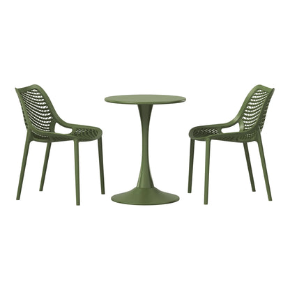 WestinTrends Playa 3-Piece Outdoor Round Metal Dining Table Set And Stackable Resin Patio Dining Side Chairs, Olive Green