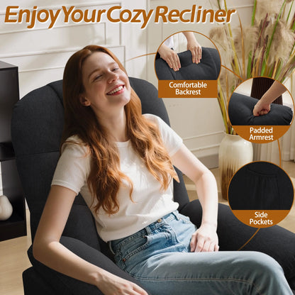 Korser Manual Swivel Rocker Recliner Chair for Living Room,Small Recliner Sofa for Small Spaces,Linen Fabric,Dark Black