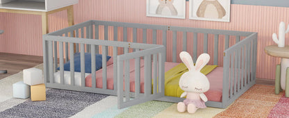 Wood Floor Bed with Fence and Door for Kids, Twin, Gray
