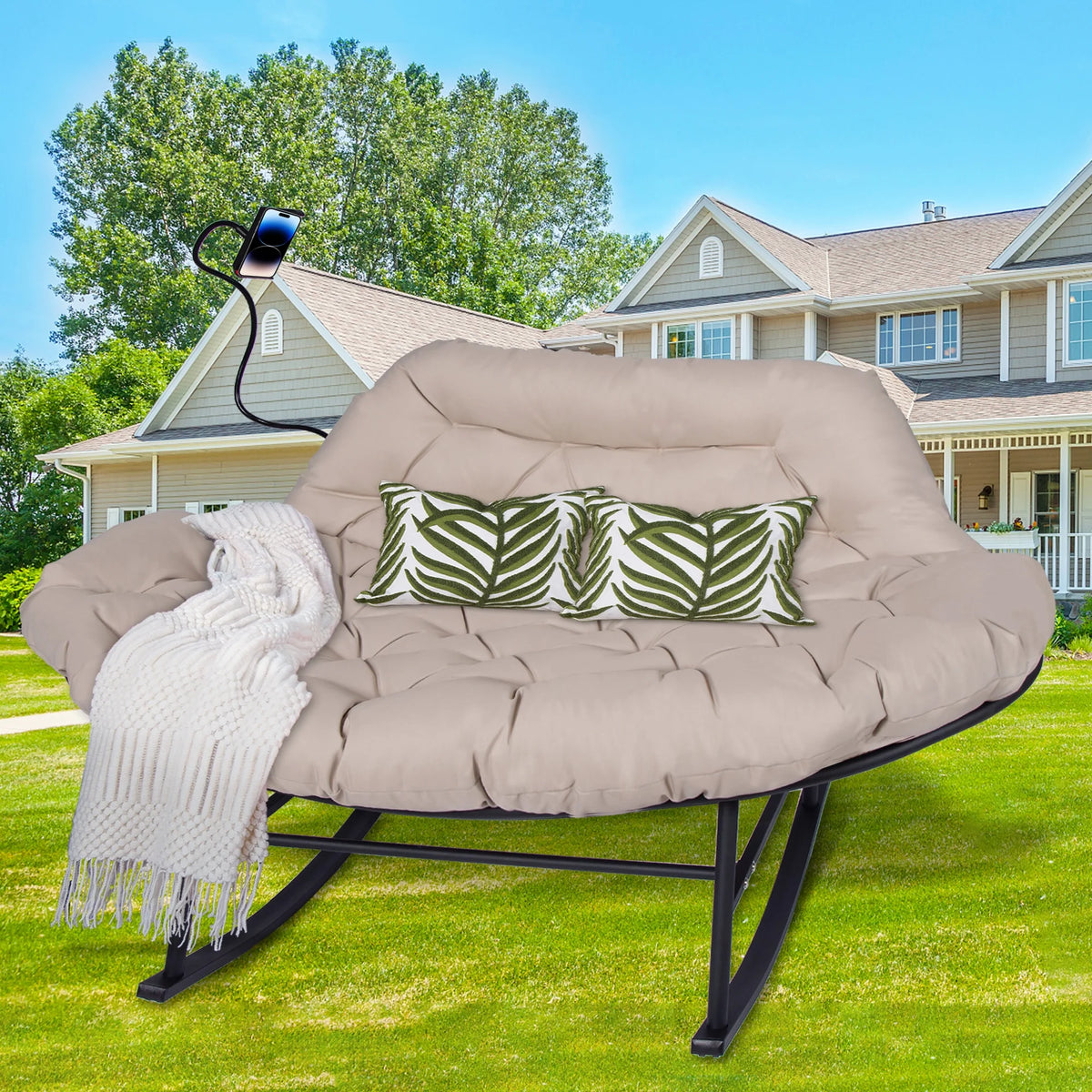 Outdoor Loveseat Rocking Chair with Thicken Cushion and Phone Holder for 2 Person for Garden Patio Yard (Beige)