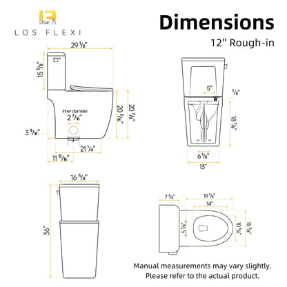 Los Flexi 21" Extra Tall Toilet for Seniors, ADA Compliant Two-Piece Skirted Toilet with Cyclone Flush, Elongated Bowl, Soft-Close Seat, Chrome Lever, 1.28 GPF, 12" Rough-In