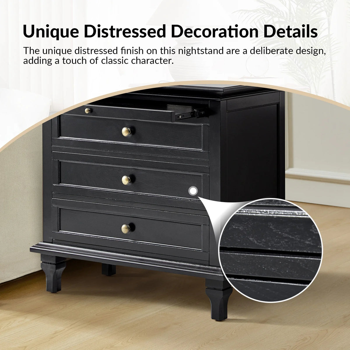 Farmhouse 3 Drawers Nightstand with Tray Bedside Table with Charging Station Acorn