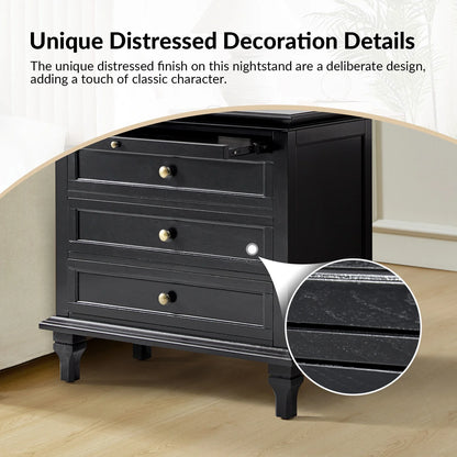 Farmhouse 3 Drawers Nightstand with Tray Bedside Table with Charging Station Acorn