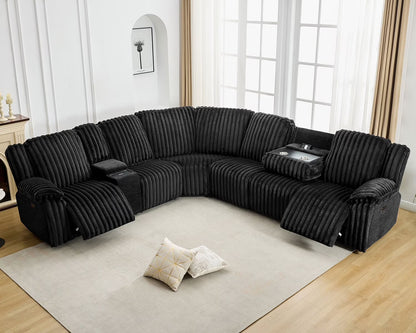 Power Reclining Sectional Sofa with Wireless Charger,6-Seater Faux Fur Sectional with Recliners,Hidden Cup Holders,Storage Console,USB & Type-C Ports,Black