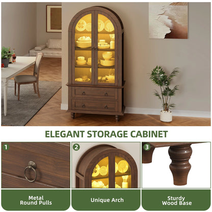 Uforic 73" Arched Pantry Cabinet with LED Light, Drawers, Shelves, Farmhouse Kitchen Storage, Black