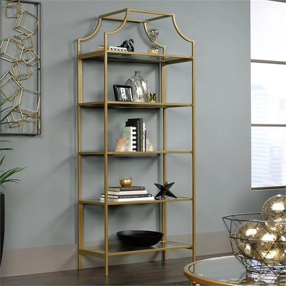 Pemberly Row 5-Shelf Modern Metal Bookcase in Gold Satin/Faux Deco Stone