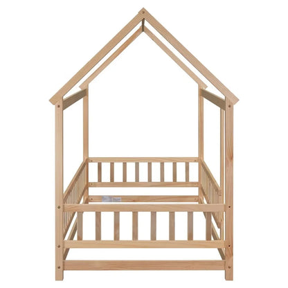 Twin Size House Bed for Boys and Girl, Wooden Canopy Bed Tent Bed, Playhouse Design Bed Frame with Full-lenth Guardrail, Bedroom Furniture, 79.5��L x 44.8��W x 66.2��H, White