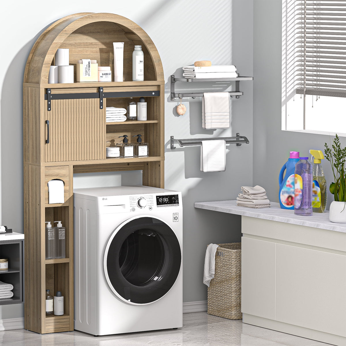 HARIPUL Over The Toilet Storage Cabinet w/ Unique Wood Grain & Arc Design, Freestanding Bathroom Shelf Organizer Space Saver w/ Doors & Anti-Tip Device, Wood Color