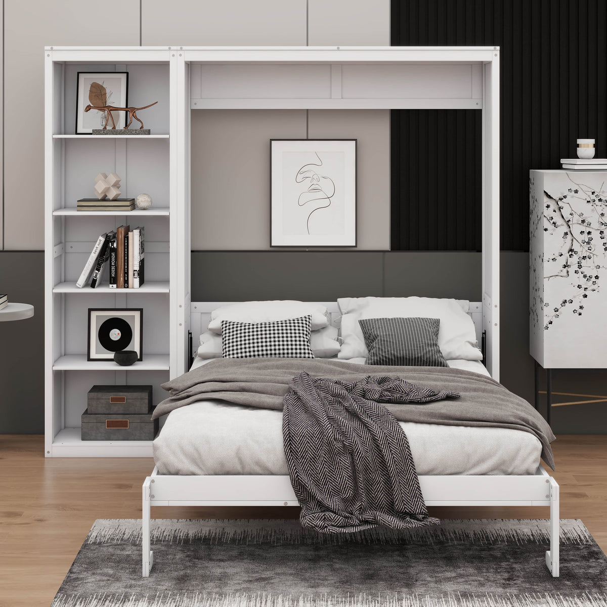 YunNianYang Queen Size Gray Murphy Bed Wall Bed with Shelves