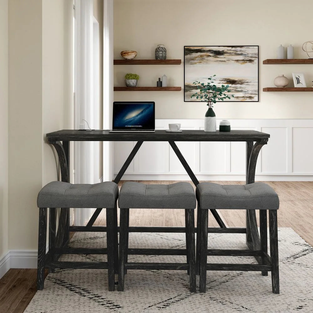 YINGYING 4 Piece Industrial Bar Table Set with Power Outlet, Bar Table and Chairs Set, Dining Table Set, Breakfast Table Set, for Living Room, Dining Room, Game Room