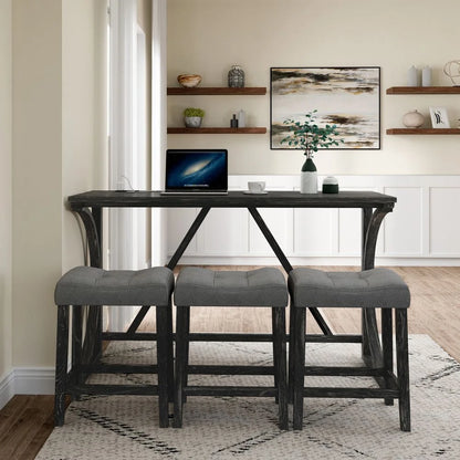 YINGYING 4 Piece Industrial Bar Table Set with Power Outlet, Bar Table and Chairs Set, Dining Table Set, Breakfast Table Set, for Living Room, Dining Room, Game Room