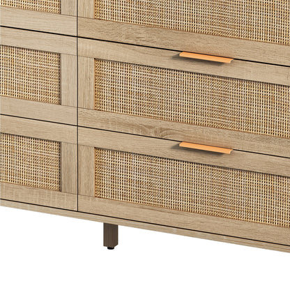 Wide 6 Drawer Rattan Dresser, Boho Dresser for Bedroom, Wooden Dresser Chest of Drawers, Natural
