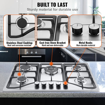 KFFKFF 30-inch Gas Range, Quintuple Burners Integrated Gas Cooktop, Peak 12250BTU NG/LPG Adaptable Stainless Steel Propane Stove, Featuring Thermocouple Safety for Outdoors, Small Living Spaces