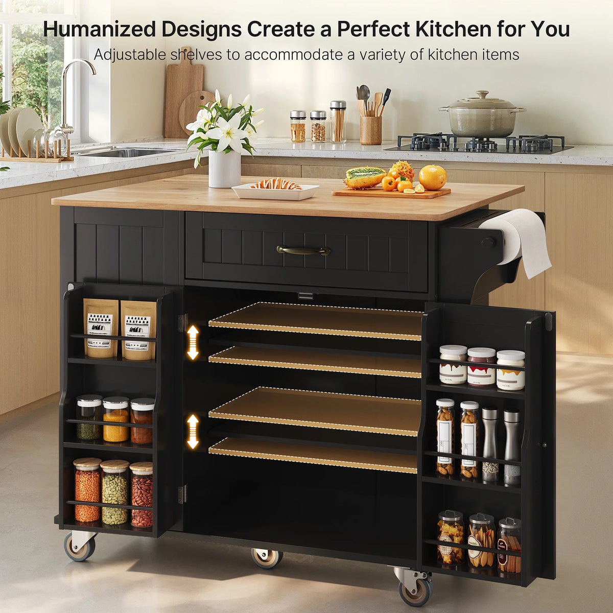 Noelse Rolling Kitchen Island with Drop Leaf Table and Hidden Trash Cabinet, Mobile Kitchen Cart with Storage Drawer, Adjustable Shelves & Rubberwood Countertop on Wheels, White