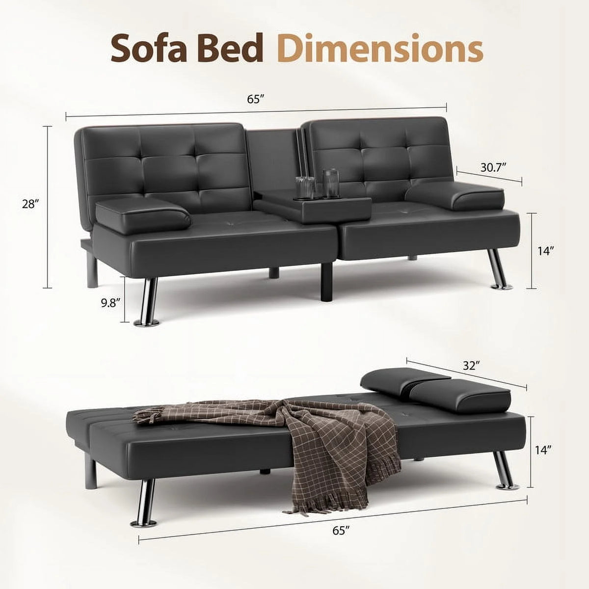 Furmax Futon Sofa Bed Convertible Folding Faux Leather Couch with 2 Cup Holders,Black