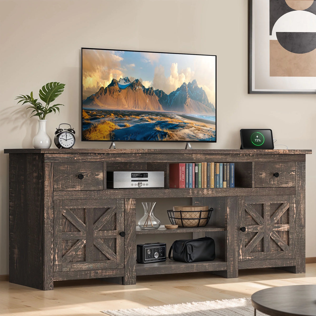Uforic Farmhouse TV Stand for 75/80 Inch TV, Rustic Entertainment Center with Power Outlet, Storage Drawers, TV Console for Living Room, Oak