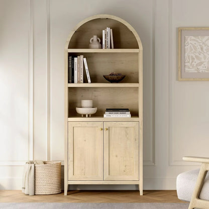 EYYTHUNG 71" Tall Arched Cabinet Modern Farmhouse 5-Tier Arched Bookcase Storage Display Cabinet with Faux Marble Top, Natural Oak