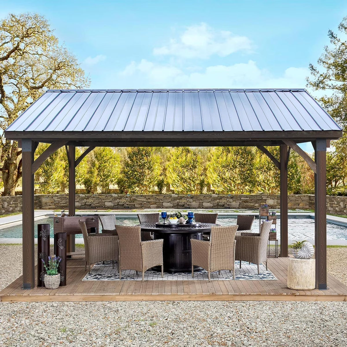 YODOLLA 14.5x12ft Outdoor Wooden Gazebo,Grill Pergola Gazebo Clearance Hard-Top Gazebo for Patios, Garden,Coffee