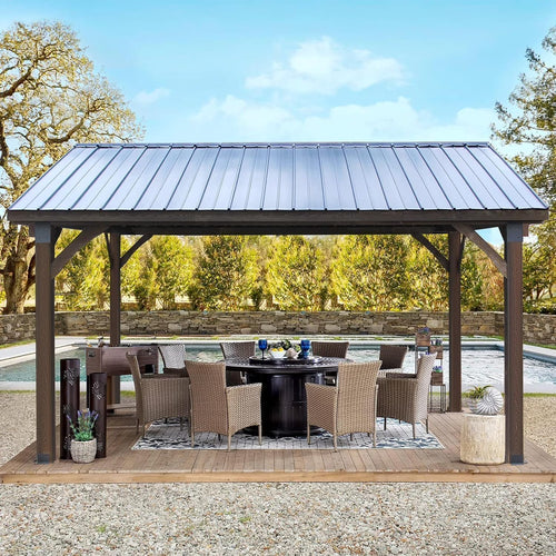YODOLLA 14.5x12ft Outdoor Wooden Gazebo,Grill Pergola Gazebo Clearance Hard-Top Gazebo for Patios, Garden,Coffee