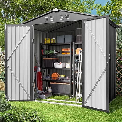 Aiho 6 x 4 FT Outdoor Storage Shed on Clearance with Metal Base  Frame and Double Lockable Doors for Garden, Patio- Grey