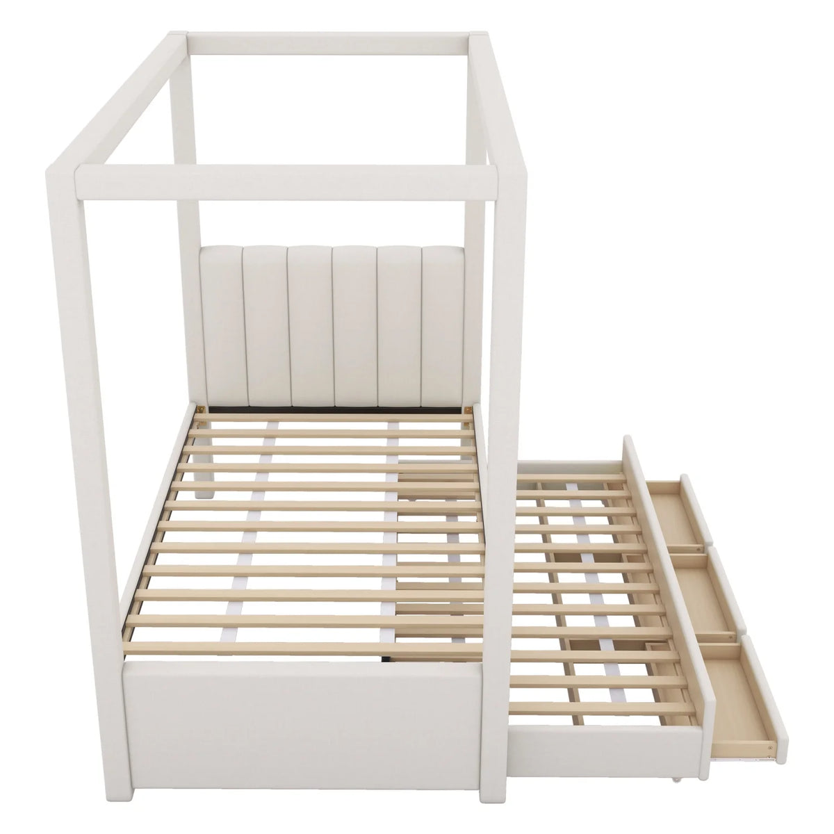 Harper & Bright Designs Twin Size Upholstery Canopy Platform Bed with Trundle and 3 Storage Drawers, Captain Platform Bed Frame with 4-Poster Canopy Roof, Beige