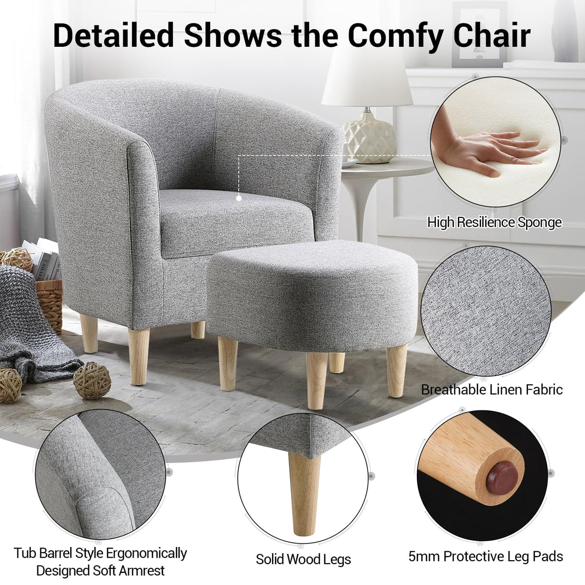 Lohoms Accent Arm Chair With Ottoman Set, Modern Home Leisure Chair with Footrest, Comfy Upholstered Armchair Single Sofa, Reading Chair with Solid Wood Legs for Living Room Bedroom, Gray